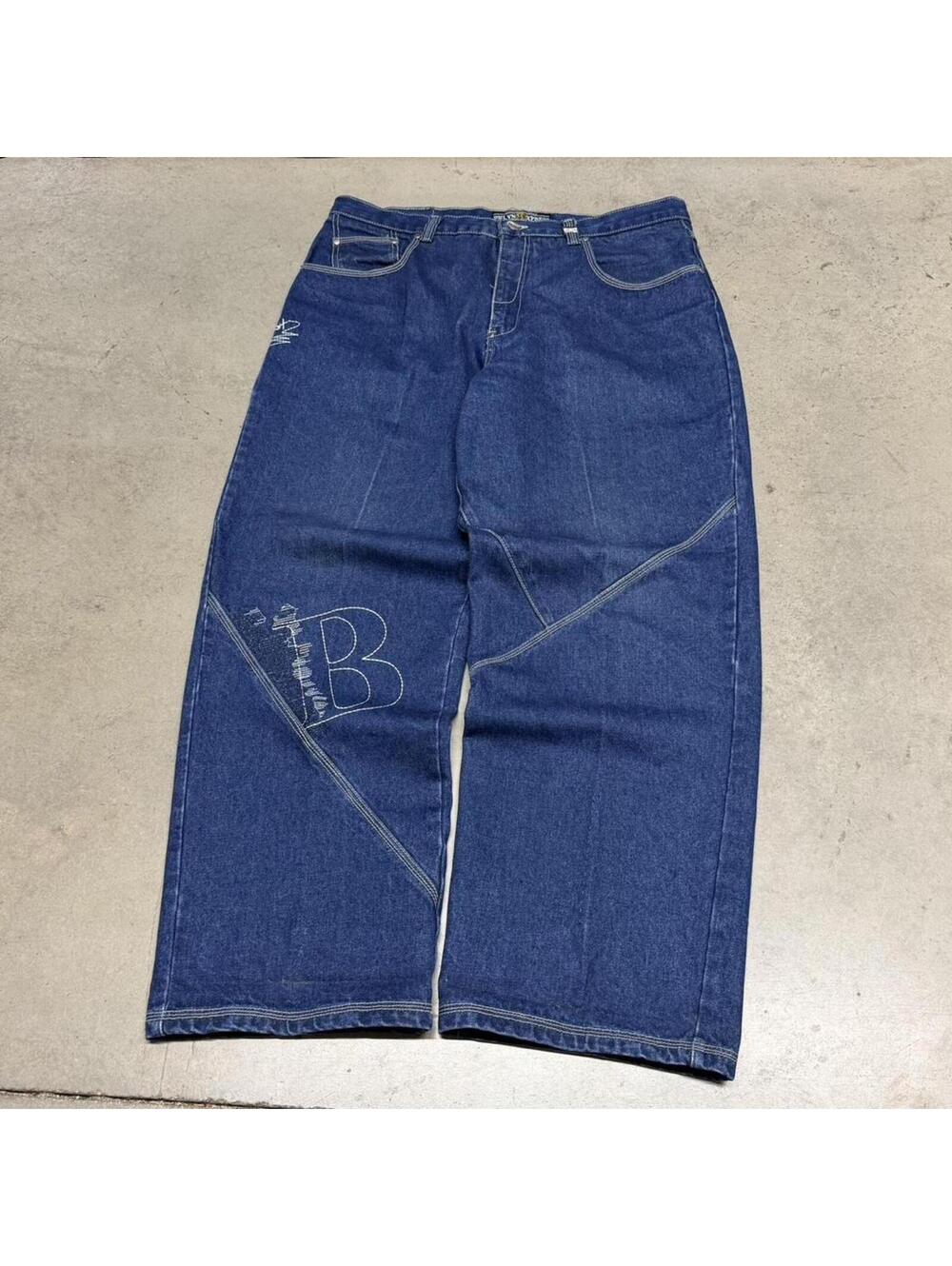 Y2K Brooklyn Express Embroidered Blue Denim Baggy 10.5” Wide Leg Cargo Jeans